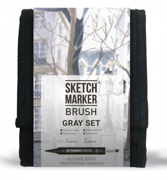 Набор маркеров на спиртовой основе Sketchmarker BRUSH Gray Set 12шт серые оттенки, сумка органайзер