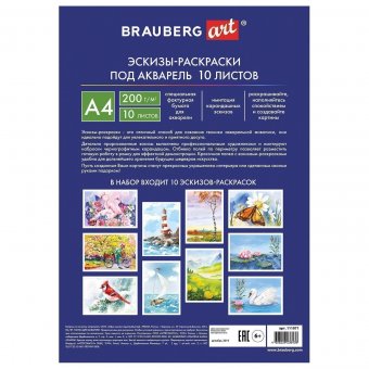 Папка для акварели BRAUBERG ART А4, 10 листов с эскизом, 210х297 мм 111071