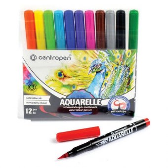 Маркеры-кисти акварельные 12 ЦВЕТОВ CENTROPEN "Aquarelle", линия письма 1-9 мм, 8683/12ET, 6 8683 1201