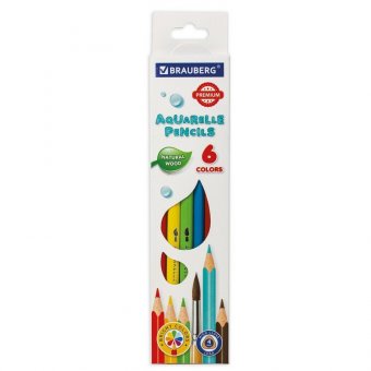 Карандаши цветные акварельные BRAUBERG PREMIUM AQUARELLE, 6 цветов, грифель мягкий 4 мм, 181670.