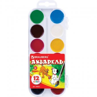 Краски акварельные BRAUBERG, 12 цветов, медовые, пластиковая коробка, без кисти