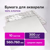 Бумага для акварели ХЛОПОК 100%, 300 г/м2, 560x760 мм, среднее зерно, 10 листов, BRAUBERG ART "PREMIERE", 1132